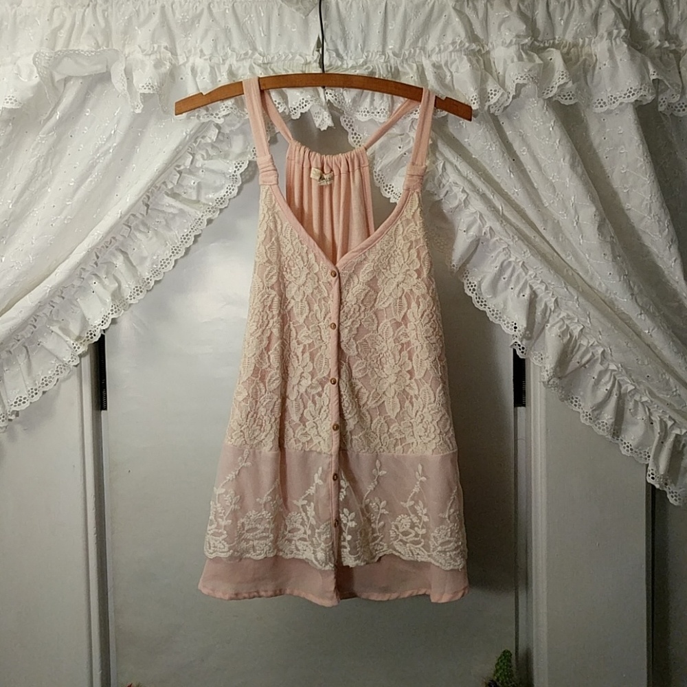 Blush colored lace tank top with buttons